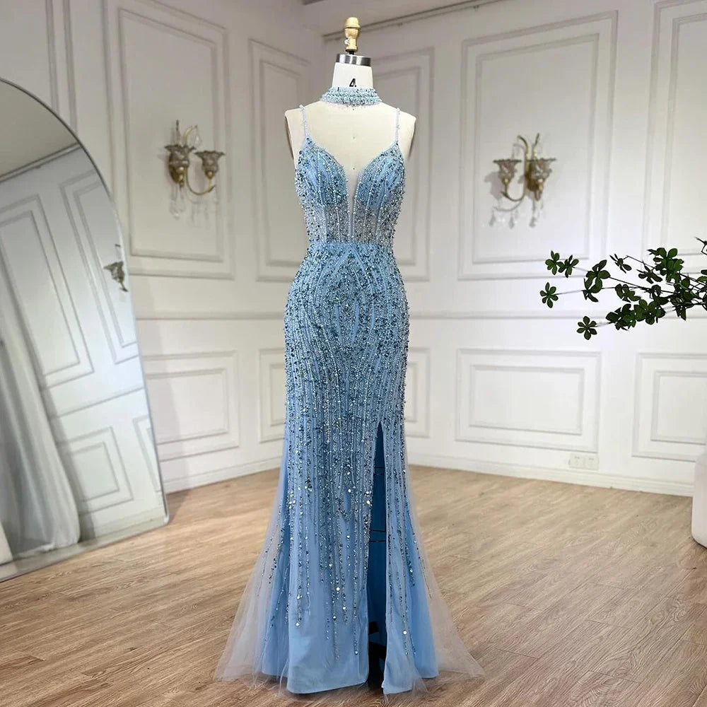 Serene Hill Silver Nude Mermaid Spaghetti with split Strap Beaded Evening Dresses Prom Gowns For Woman Party 2024 LA72047B