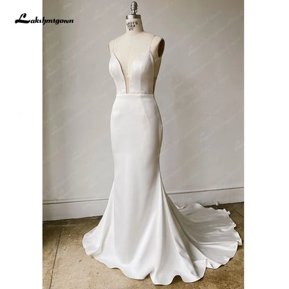 NumberSea Simple Satin Wedding Dress Spaghetti Straps Long Train Backless Buttons Draped Trailing V Neck Bridal Gowns