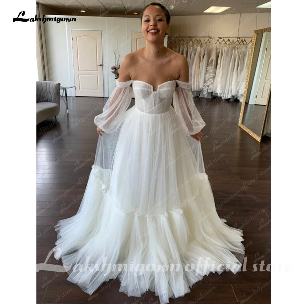 NumberSea Off the Shoulder Long Sleeves Wedding Dress for Women 2025 Robe Longue Pleat Soft Tulle Bridal Gowns