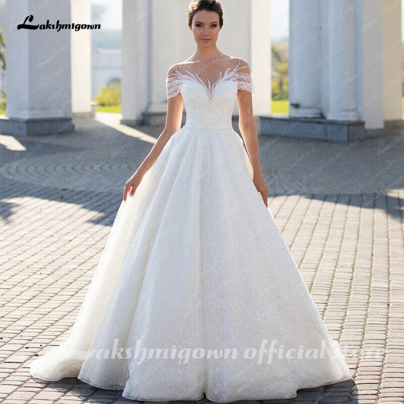 NumberSea Sparkling Off-The-Shoulder Wedding Dress Elegant Glitter Lace A-Line Bridal Gown with Illusion Pleats Short Sleeves