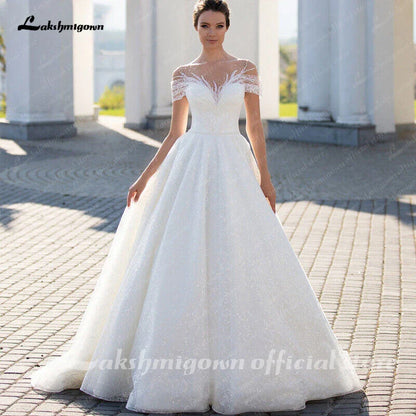 NumberSea Sparkling Off-The-Shoulder Wedding Dress Elegant Glitter Lace A-Line Bridal Gown with Illusion Pleats Short Sleeves