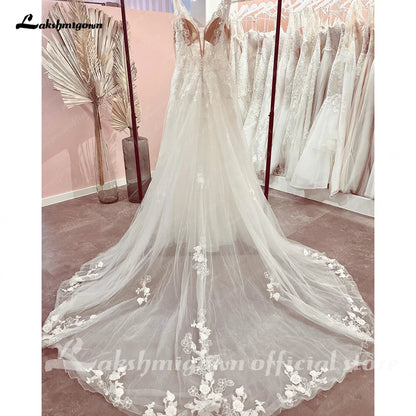 NumberSea V-Neck Sleeveless Lace Appliques A-Line Backless Bridal Gowns Court Train Wedding Dresses Robe de marie