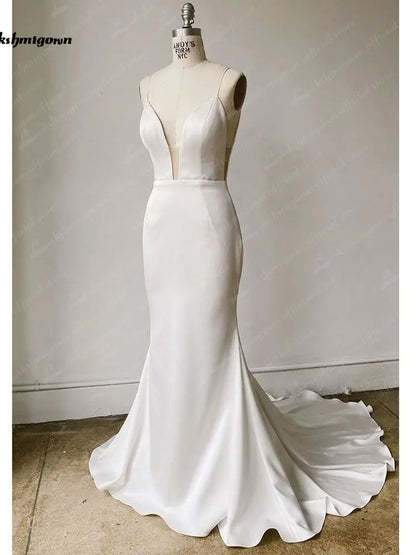 NumberSea Simple Satin Wedding Dress Spaghetti Straps Long Train Backless Buttons Draped Trailing V Neck Bridal Gowns