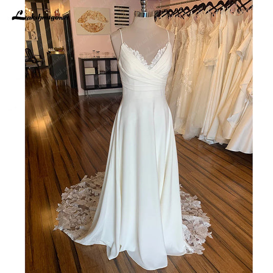 NumberSea Weiches Satin Boho Hochzeitskleid Elegantes V-Ausschnitt Brautkleid Sweep Train Schlichte Kleider für Frauen 2025 Robe De Mariée 