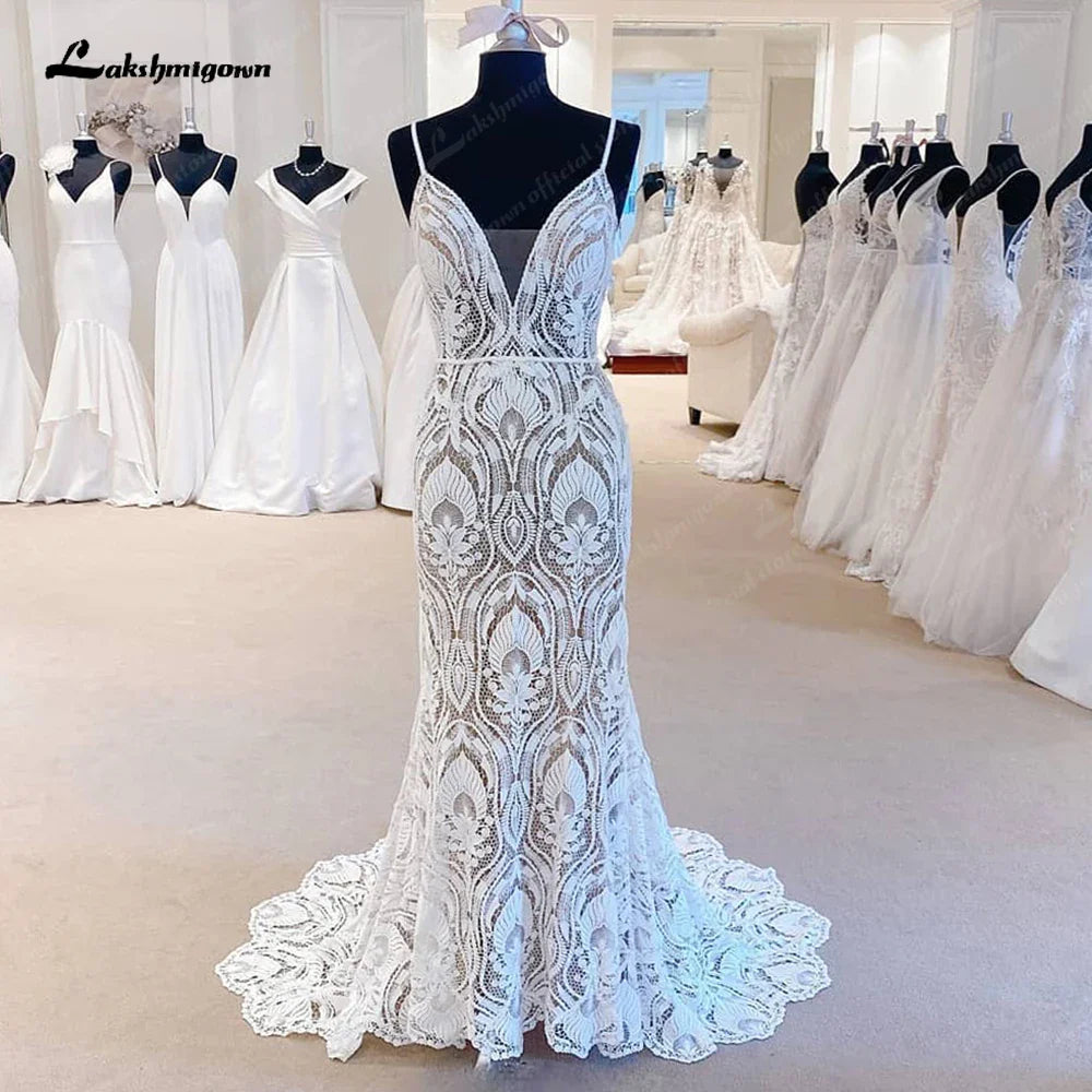 NumberSea Sexy Lace Wedding Dresses 2025 V-Neck Open Back Long Bride Dress Spaghetti Strap Applique A-Line Party Gown