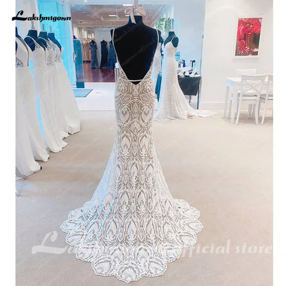 NumberSea Sexy Lace Wedding Dresses 2025 V-Neck Open Back Long Bride Dress Spaghetti Strap Applique A-Line Party Gown