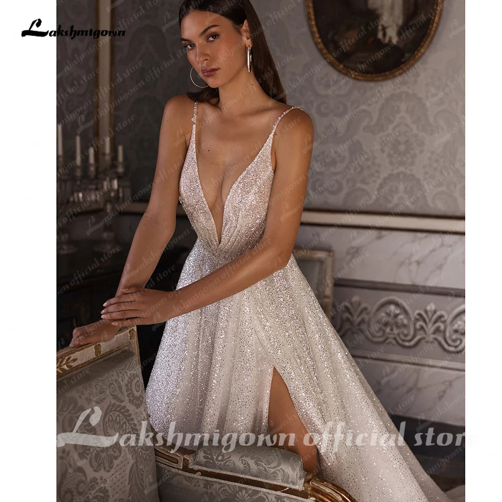 NumberSea NumberSea Split Side Shiny Glitter Boho Women Wedding Dress for Bride 2024 Spaghetti Straps Wedding Gown batas de novia para