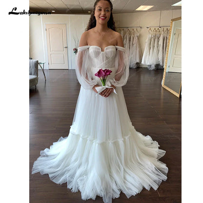 NumberSea Off the Shoulder Long Sleeves Wedding Dress for Women 2025 Robe Longue Pleat Soft Tulle Bridal Gowns