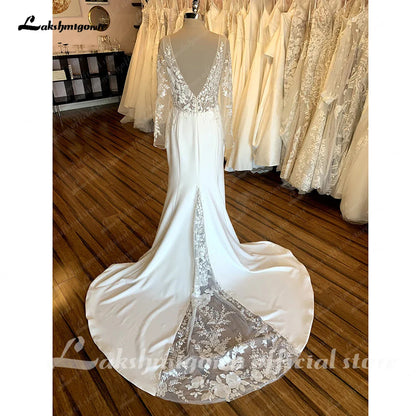 NumberSea Vintage Lace Long Sleeve Boho Wedding Gowns 2025 Abito Da Sposa Sexy Soft Satin Bridal Dress Plunging Open Back