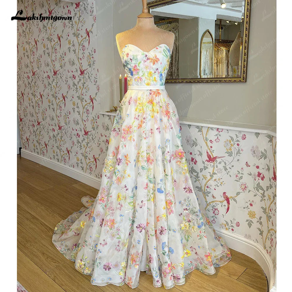 NumberSea Print Flower Wedding Dress with Detachable Puff Sleeve Sweetheart Off the Shoulder Boho Bridal Gowns estido de noiva