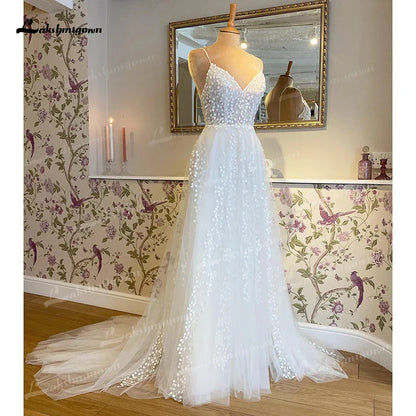 NumberSea Vintage Off White Boho Wedding Dress 2025 Lace Applqiues Spaghetti Straps V Neck Bridal Gowns Tulle A Line trouwjurk