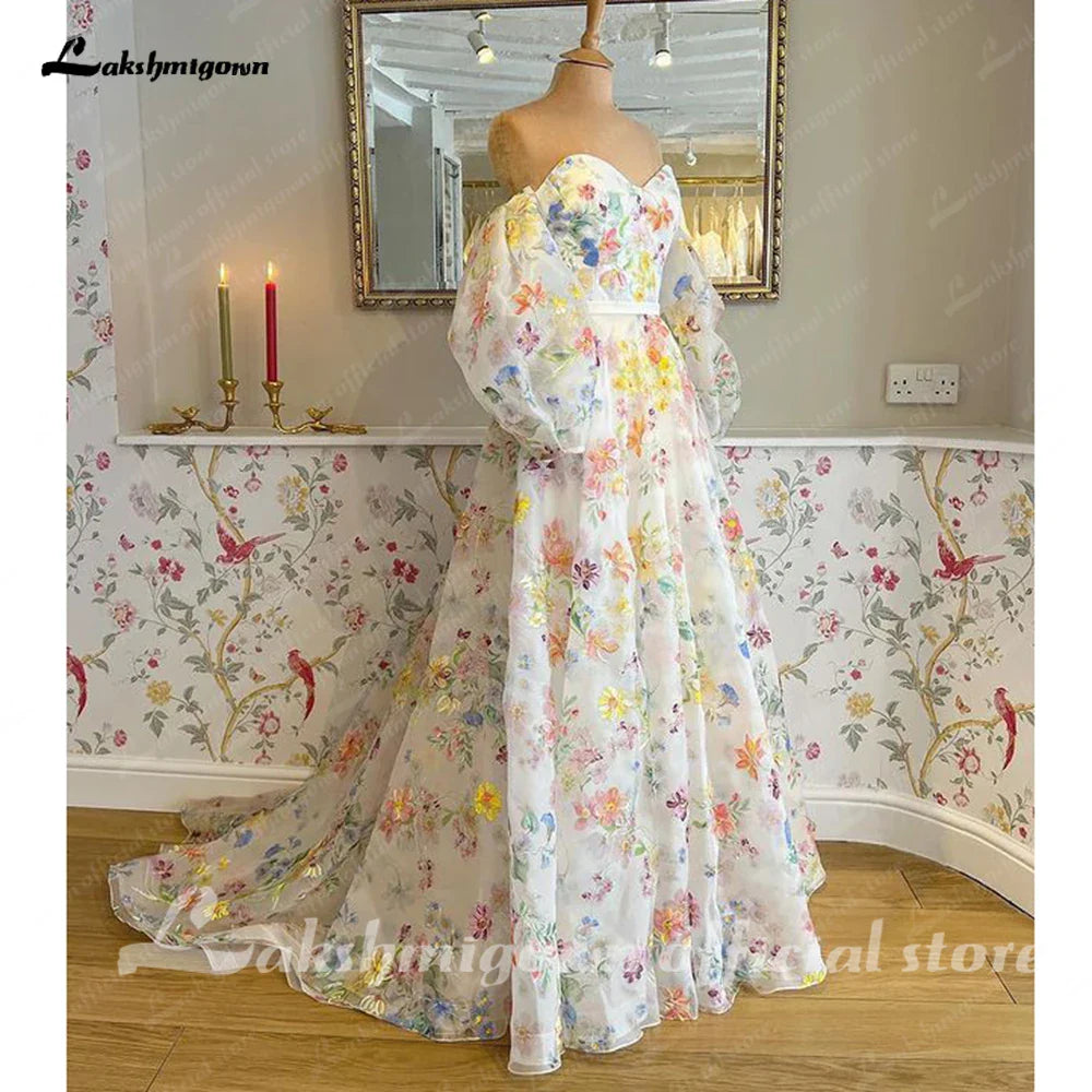 NumberSea Print Flower Wedding Dress with Detachable Puff Sleeve Sweetheart Off the Shoulder Boho Bridal Gowns estido de noiva