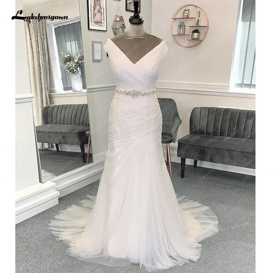 NumberSea Tulle Pleat Mermaid Formal Wedding Dresses with Beads Belt Off the Shoulder Off White 2025 Bridal Gowns