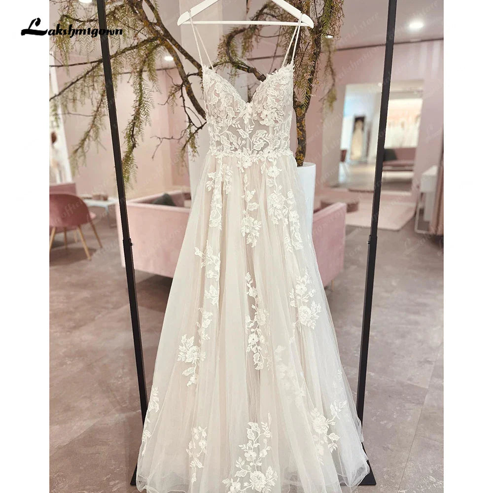 NumberSea Spaghetti Straps Wedding Dress 2025 Robe Elegant Long Bridal Beach Wedding Gowns Floral Lace Appliques Robe de marie