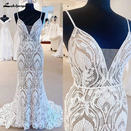 NumberSea Sexy Lace Wedding Dresses 2025 V-Neck Open Back Long Bride Dress Spaghetti Strap Applique A-Line Party Gown