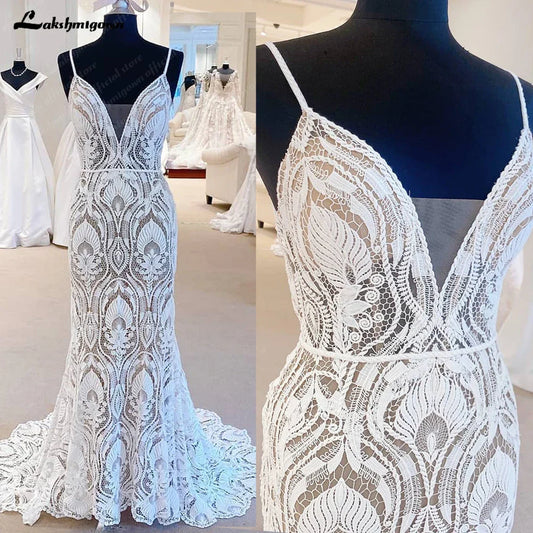 NumberSea Sexy Spitze Brautkleider 2025 V-Ausschnitt Offener Rücken Langes Brautkleid Spaghettiträger Applikation A-Linie Partykleid 