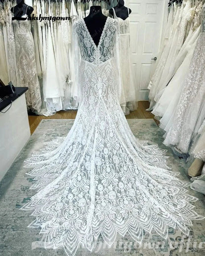 NumberSea Plunging V Neck Long Sleeves Lace Mermaid Wedding Gowns 2025 Robes Sexy Bridal Boho Beach Wedding Dress Backless