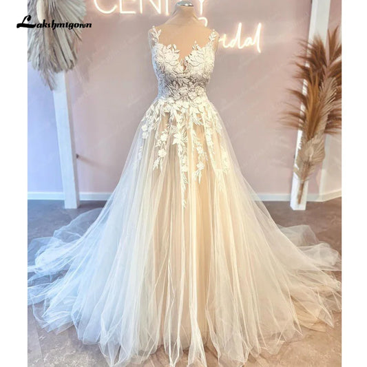 NumberSea Princess Floral Lace Wedding Dresses For Women Champagne Civil Boho Wedding Gowns Vestido De Novia Court Train