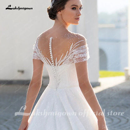 NumberSea Sparkling Off-The-Shoulder Wedding Dress Elegant Glitter Lace A-Line Bridal Gown with Illusion Pleats Short Sleeves