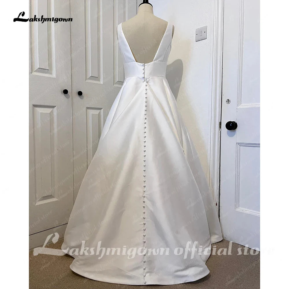 NumberSea V Neck Women Satin Wedding Dress 2025 Hochzeit Plunging V Neck Vestidos Civil Bridal Gowns Open Back