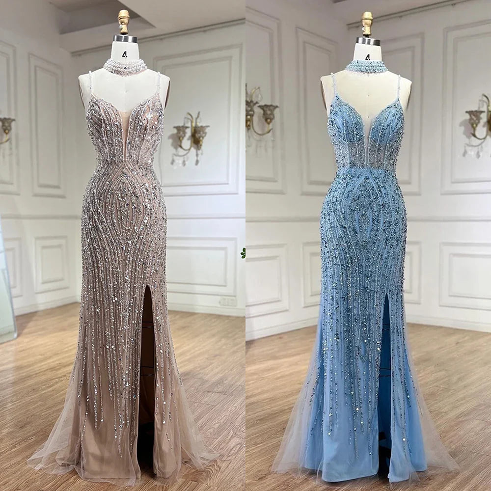 Serene Hill Silver Nude Mermaid Spaghetti with split Strap Beaded Evening Dresses Prom Gowns For Woman Party 2024 LA72047B