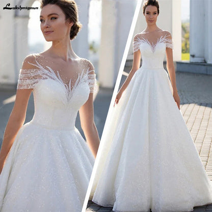 NumberSea Sparkling Off-The-Shoulder Wedding Dress Elegant Glitter Lace A-Line Bridal Gown with Illusion Pleats Short Sleeves