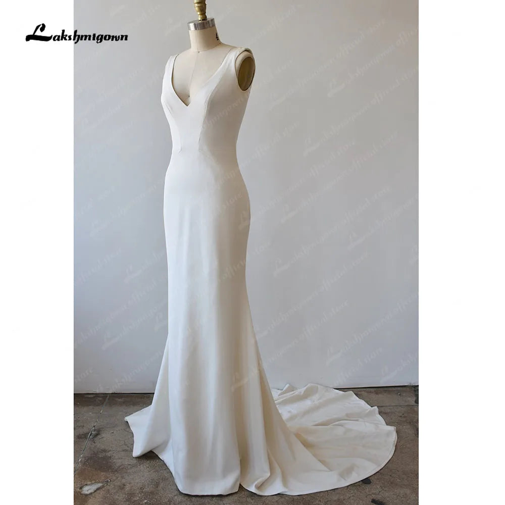 NumberSea Sheath Crepe Wedding Dress Simple Custom Made Sleeveless Plunging V Neck Figure Hugging Buttons Backless Bridal Gown