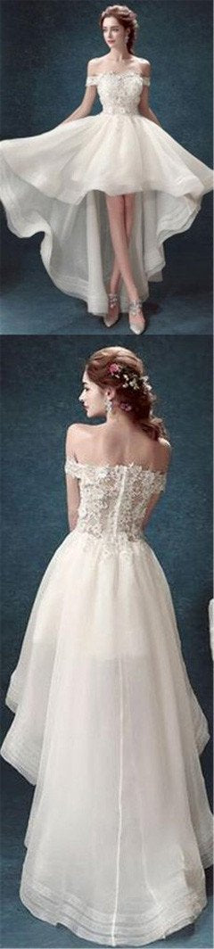 NumberSea White Organza High Low Off Shoulder Cheap Wedding Dresses, MW162