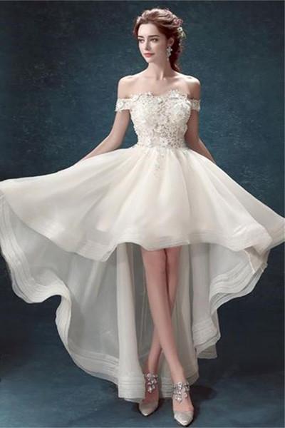 NumberSea White Organza High Low Off Shoulder Cheap Wedding Dresses, MW162