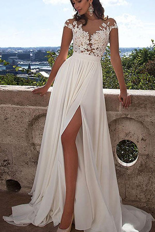 NumberSea White Lace A-Line Front Split Wedding Dresses With Appliques, Bridal Dress, MW191