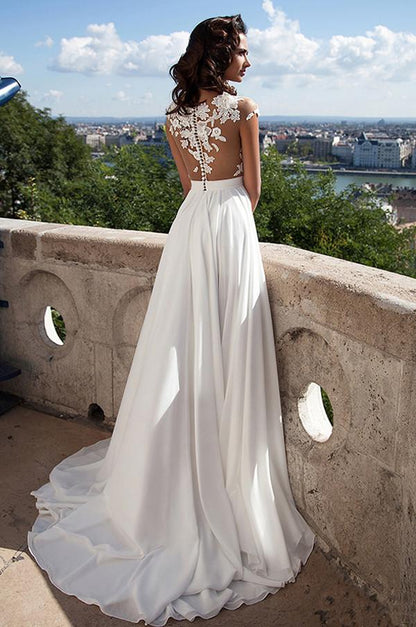 NumberSea White Lace A-Line Front Split Wedding Dresses With Appliques, Bridal Dress, MW191