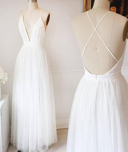 NumberSea NumberSea Simple White A-line Tulle V Neck Wedding Dresses, Long Prom Dresses, MW218