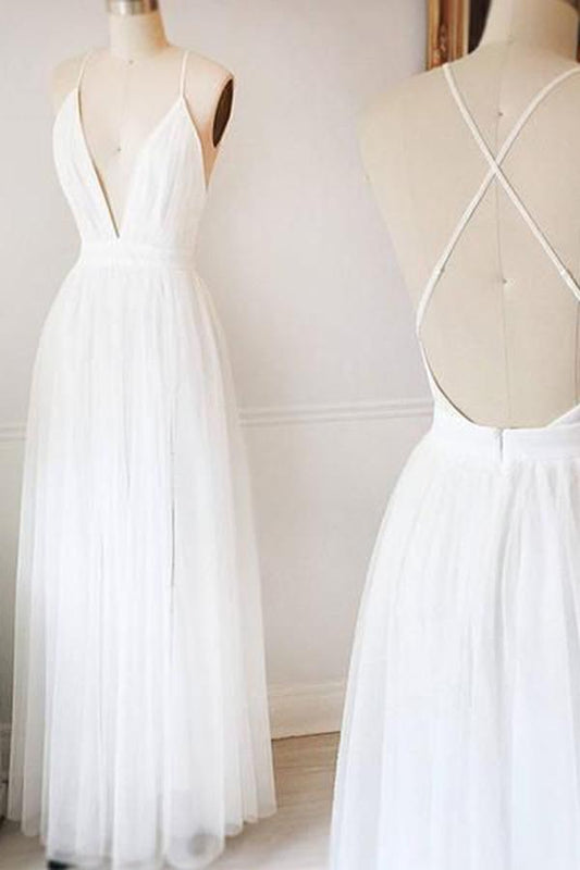 NumberSea NumberSea Simple White A-line Tulle V Neck Wedding Dresses, Long Prom Dresses, MW218