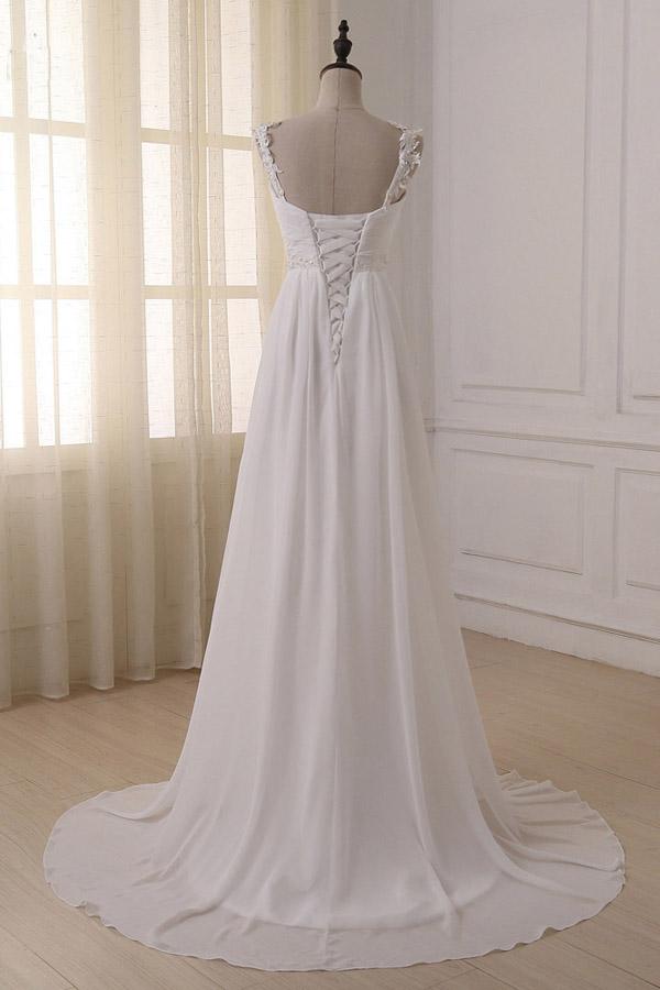 NumberSea Simple White Chiffon V Neck Straps Wedding Dresses with Sweep Train, MW233