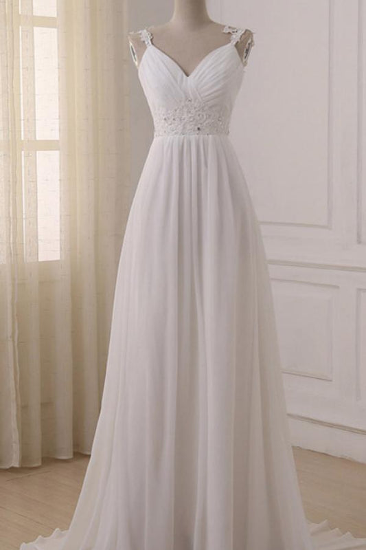 NumberSea Simple White Chiffon V Neck Straps Wedding Dresses with Sweep Train, MW233