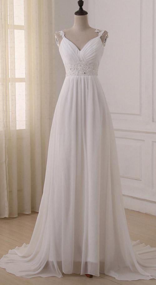 NumberSea Simple White Chiffon V Neck Straps Wedding Dresses with Sweep Train, MW233