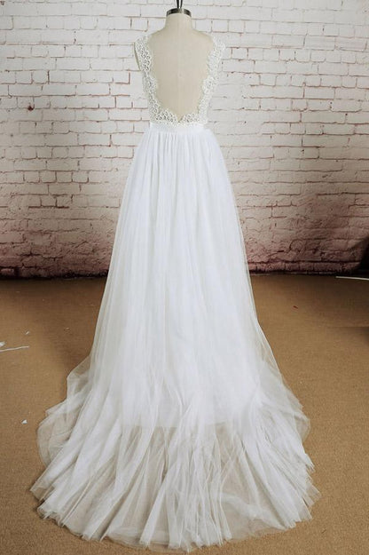 NumberSea White Tulle Lace Halter V-Neck Long Wedding Dresses with Sweep Train, MW232