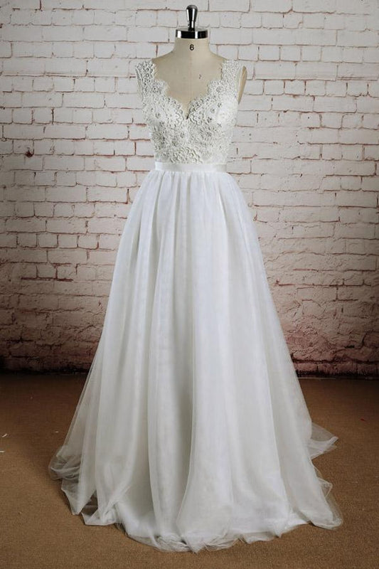 NumberSea White Tulle Lace Halter V-Neck Long Wedding Dresses with Sweep Train, MW232