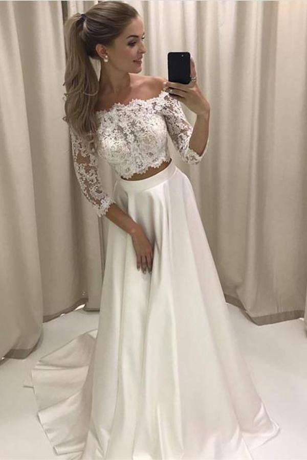 NumberSea White Two Piece Lace Half Sleeve Boho Style Beach Wedding Dresses, MW230