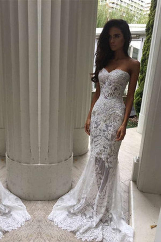 NumberSea White Off Shoulder Sweetheart Mermaid Formal Long Wedding Dress, MW165