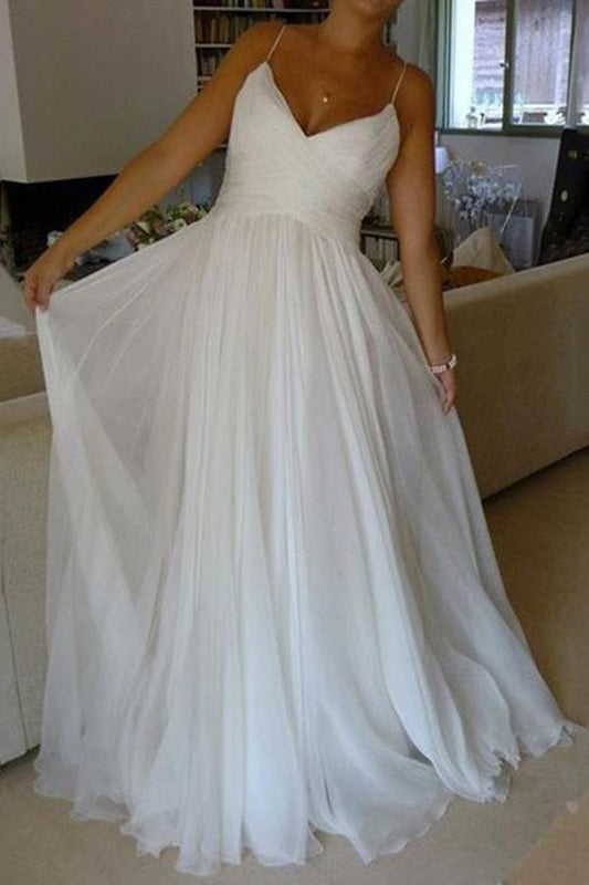 NumberSea White A-line Chiffon Simple V-neck Spaghetti Straps Court Train Wedding Dresses, MW257