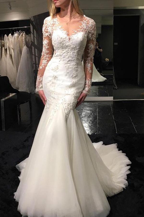 NumberSea White Tulle Scoop Neck Long Sleeve Mermaid Sweep Train Lace Wedding Dresses, MW194