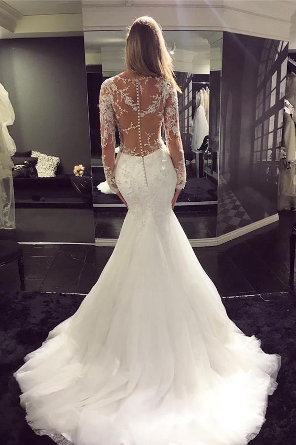 NumberSea White Tulle Scoop Neck Long Sleeve Mermaid Sweep Train Lace Wedding Dresses, MW194