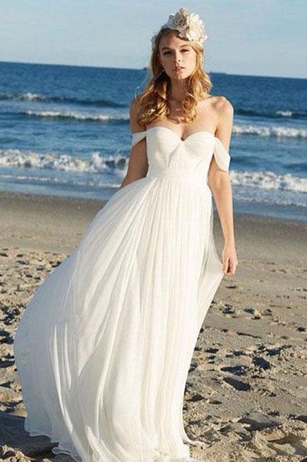 NumberSea Simple Chiffon Ivory A-line Off Shoulder Summer Beach Wedding Dress, MW171