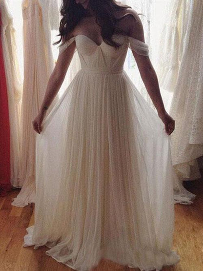 NumberSea Simple Chiffon Ivory A-line Off Shoulder Summer Beach Wedding Dress, MW171