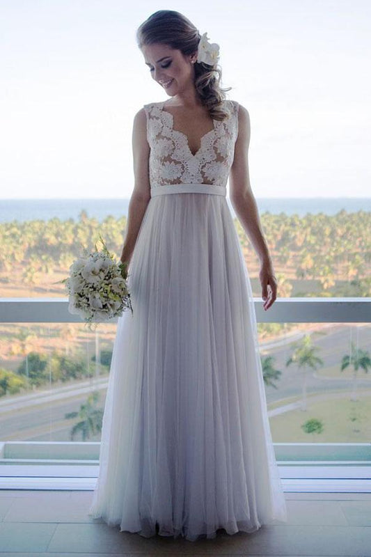 NumberSea White A-line V-neck Vintage Tulle Lace Top Beach Wedding Dresses, MW229