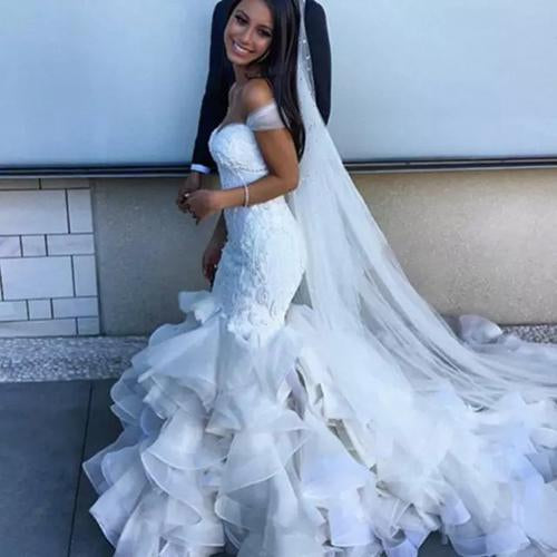 NumberSea White Mermaid Off Shoulder Sweetheart  Ruffles Wedding Dresses, Bridal Gown, MW157