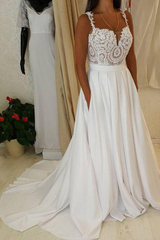 NumberSea White Sweetheart Lace Top Spaghetti Straps Long Wedding Dresses with Pocket, MW221