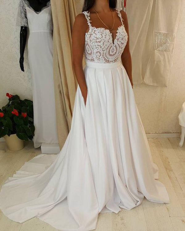 NumberSea White Sweetheart Lace Top Spaghetti Straps Long Wedding Dresses with Pocket, MW221