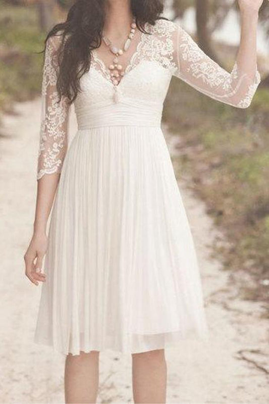 NumberSea White A Line Vintage Knee Length 3/4 Sleeve Lace Wedding Dresses, MW248